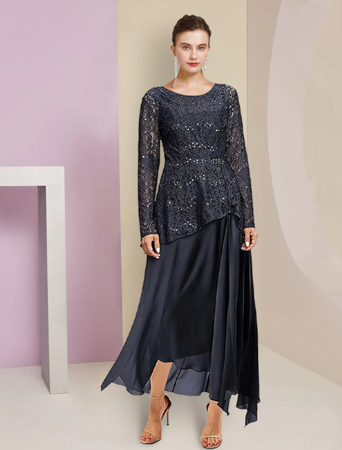 Formal A-Line Mother of the Bride dress with scoop neck, long sleeves, and high-low tea length hem.