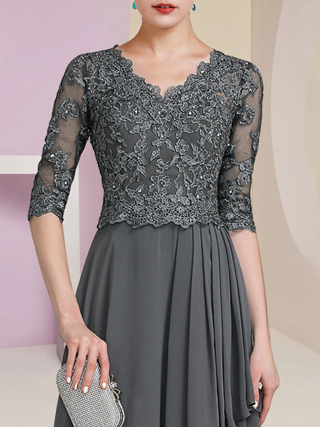 Side view of the flowing A-line V-neck half sleeve Mother of the Bride dress.
