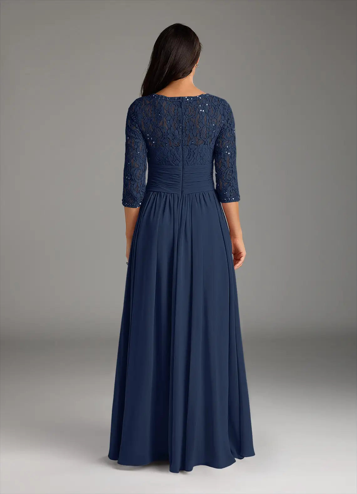 Back view of a dark navy formal A-line gown.