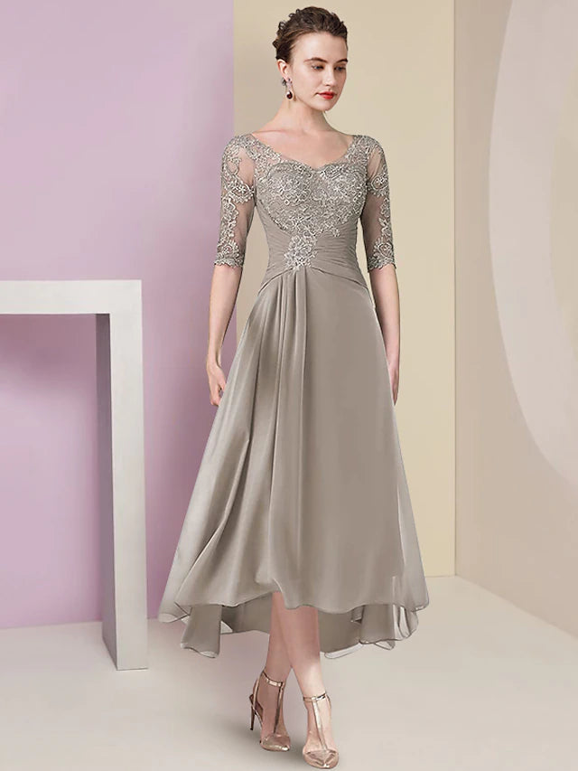 Side view of the elegant wedding guest dress, emphasizing the flowing A-line skirt.