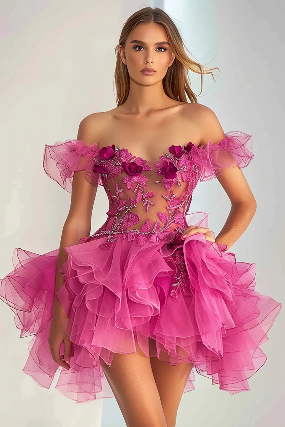 Fuchsia A-line off-the-shoulder short homecoming dress with floral appliques.