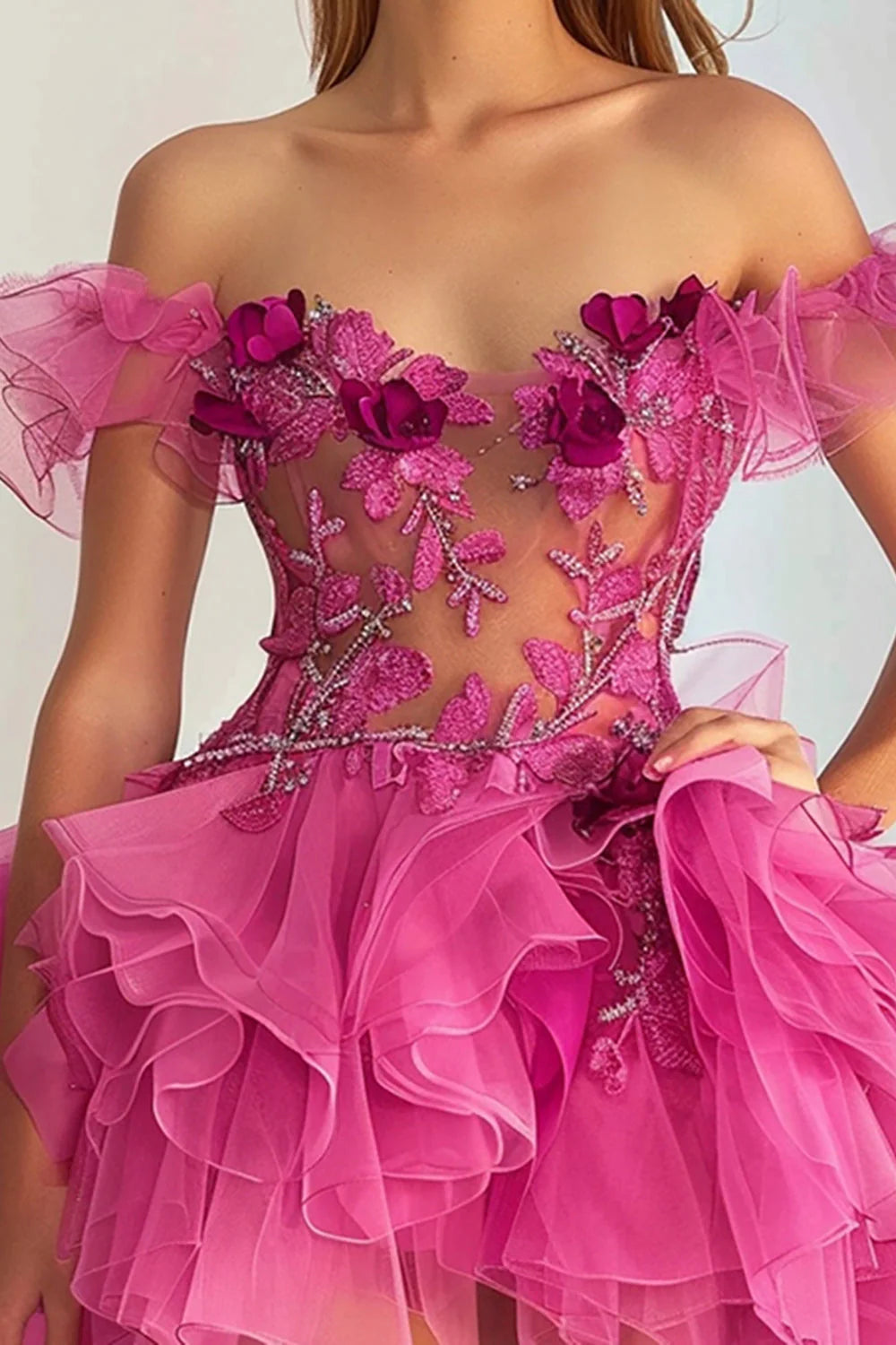 Side view of fuchsia A-line short homecoming dress, showcasing floral appliques.