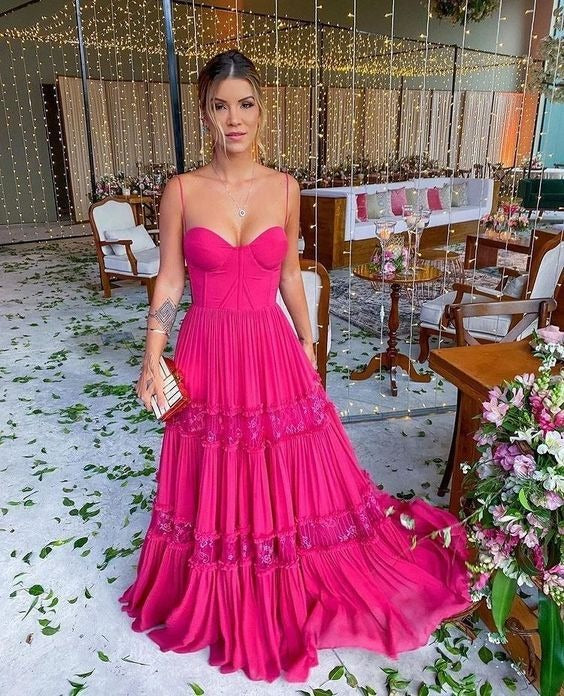 Fuchsia Chiffon A Line Off Shoulder Spaghetti Strap Sweetheart Neck Tiered Lace Floor Length Formal Evening Prom Dress