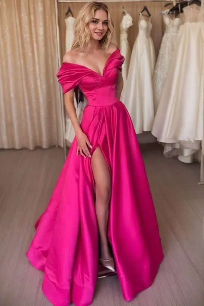 Fuchsia Off The Shoulder Satin Prom Dress with High Slit for Formal Events and Prom Nights