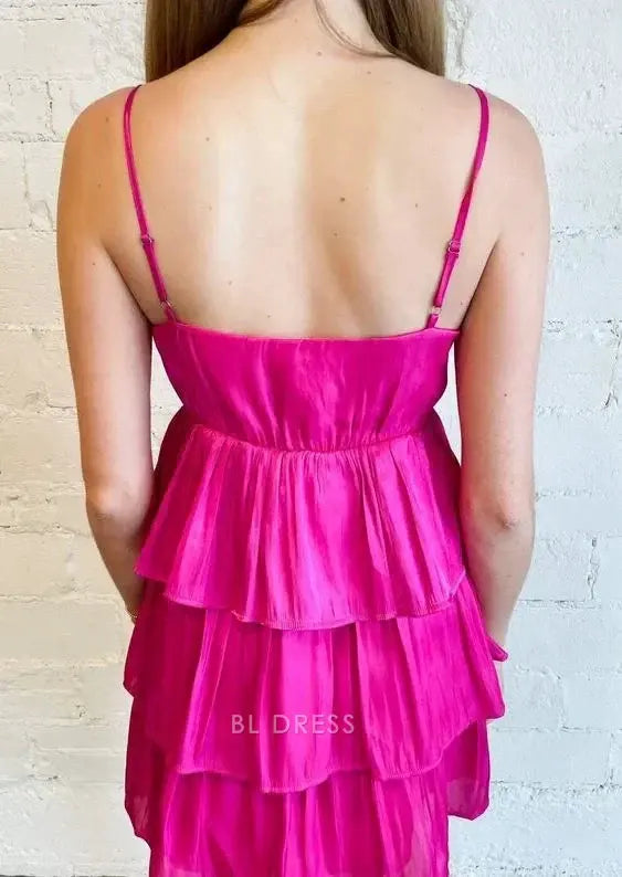 Fuchsia Pink Spaghetti Strap Deep V Neck Satin Tiered Ruffle Layered Open Back A Line Mini Homecoming Dress
