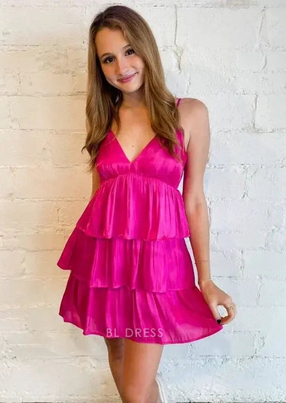 Fuchsia Pink Spaghetti Strap Deep V Neck Satin Tiered Ruffle Layered Open Back A Line Mini Homecoming Dress