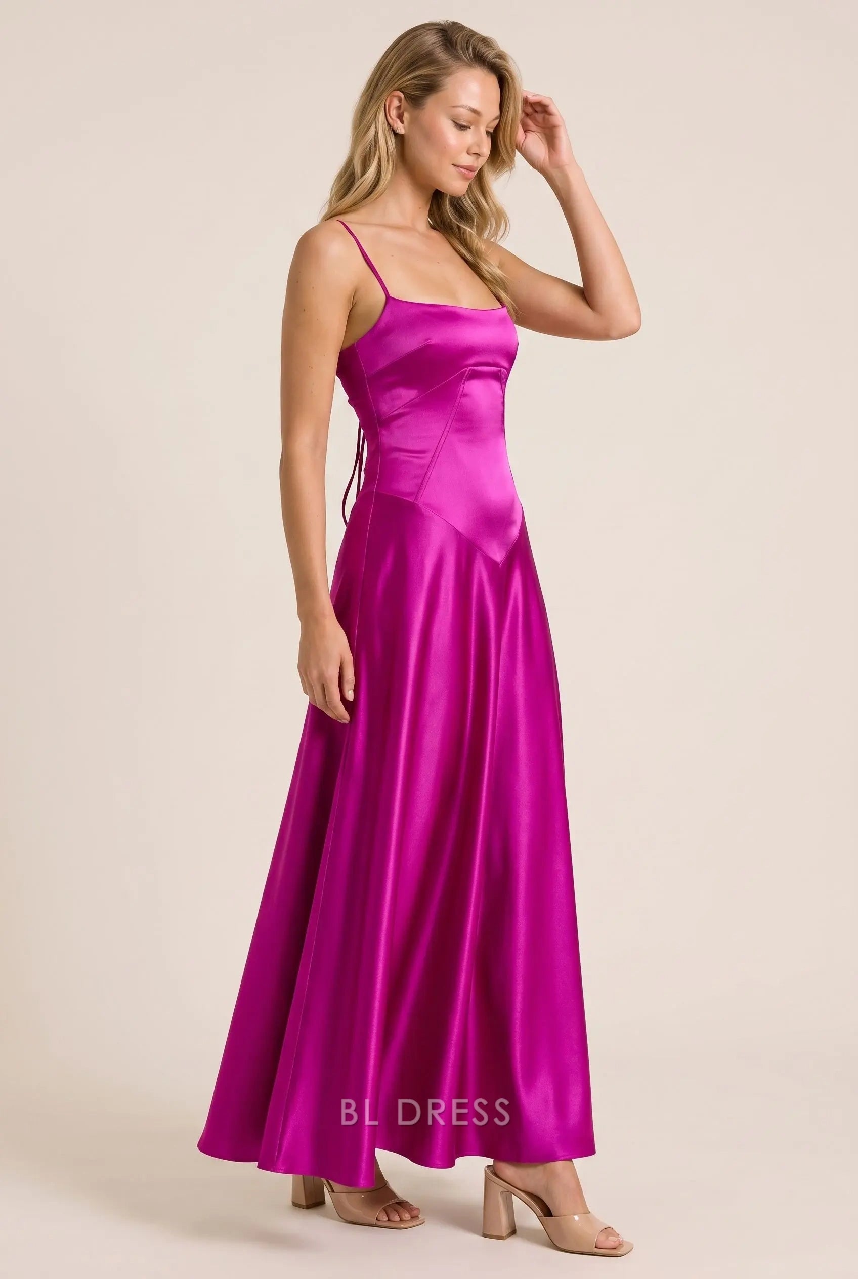 Fuchsia Satin A Line Square Neck Spaghetti Strap Tie Open Back Midi Length Formal Evening Prom Dress