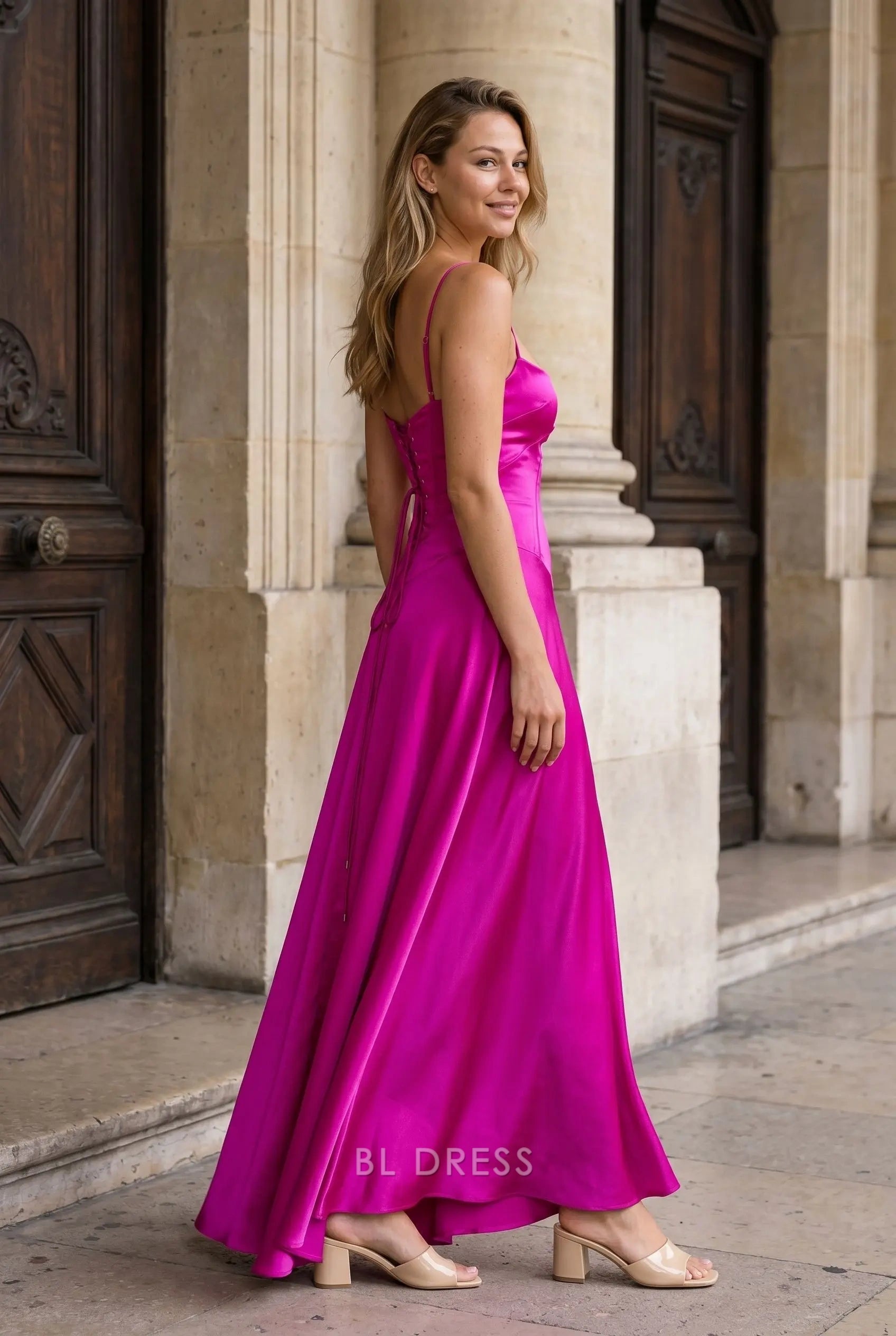 Fuchsia Satin A Line Square Neck Spaghetti Strap Tie Open Back Midi Length Formal Evening Prom Dress