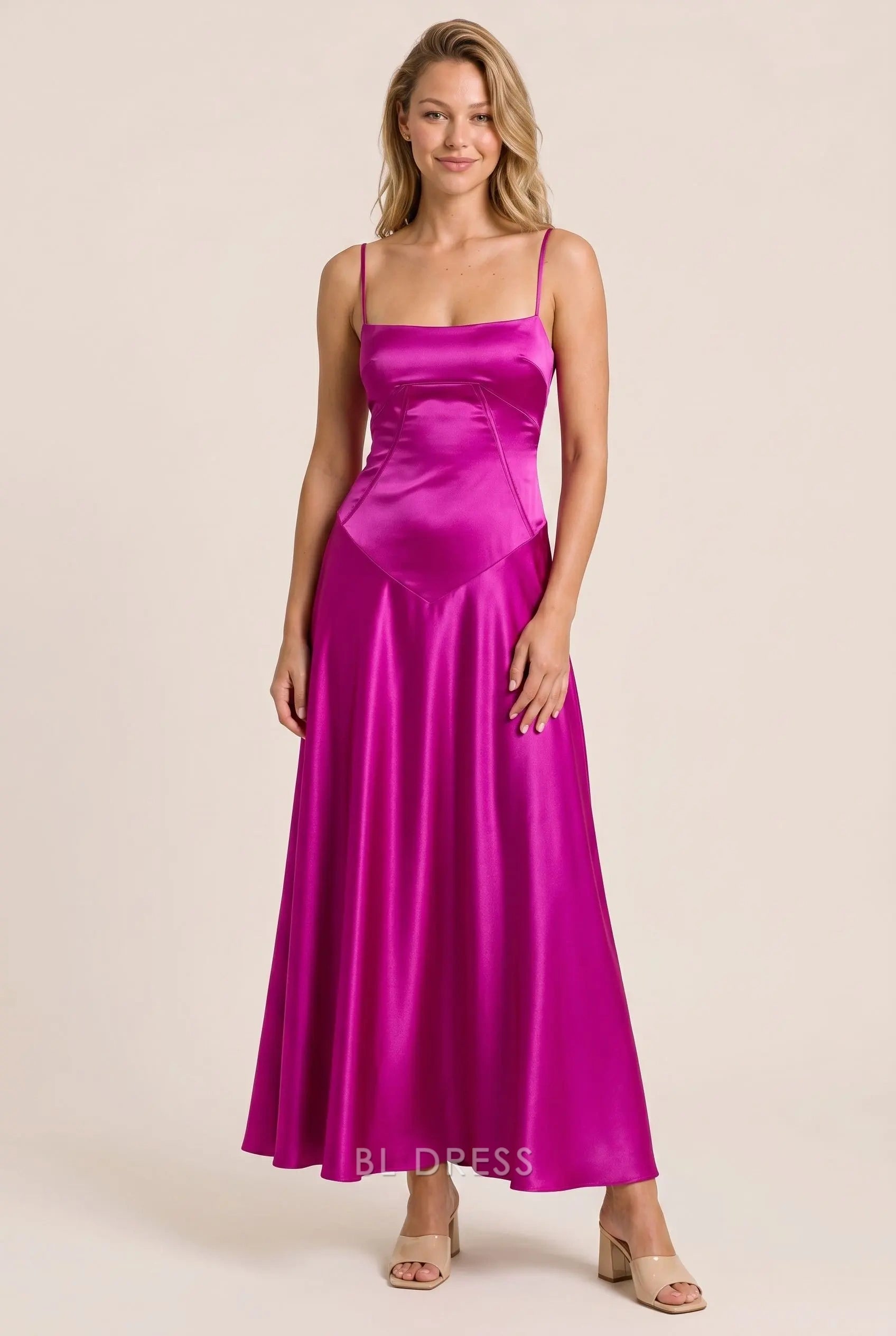 Fuchsia Satin A Line Square Neck Spaghetti Strap Tie Open Back Midi Length Formal Evening Prom Dress