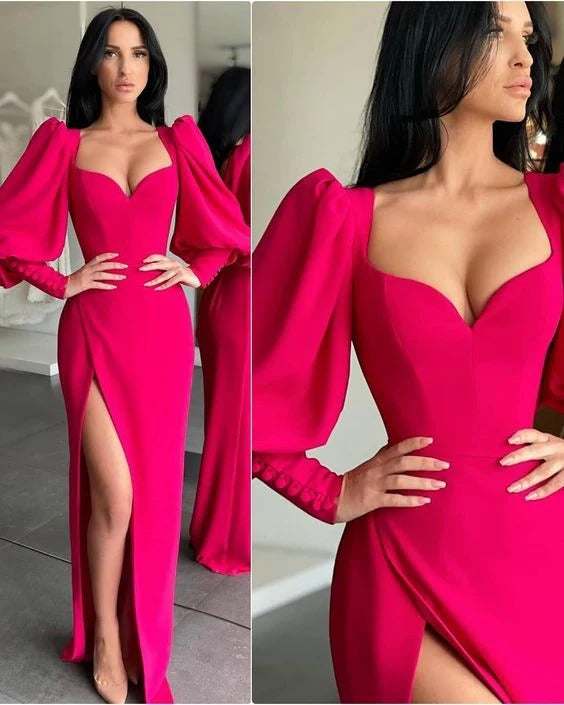 Fuchsia Satin Mermaid Sweetheart Neck Puff Long Sleeve High Slit Floor Length Formal Evening Prom Dress