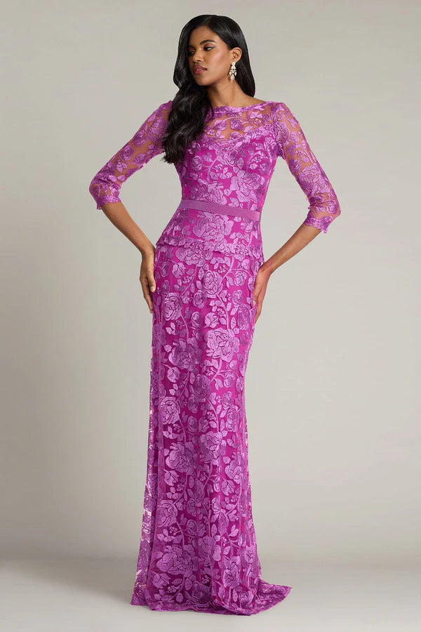 Fuchsia Three Quarter Sleeve Floral Lace Mermaid Floor Length Formal Evening Prom Dress