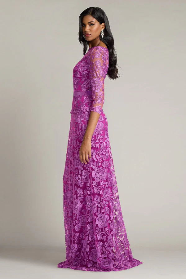 Fuchsia Three Quarter Sleeve Floral Lace Mermaid Floor Length Formal Evening Prom Dress