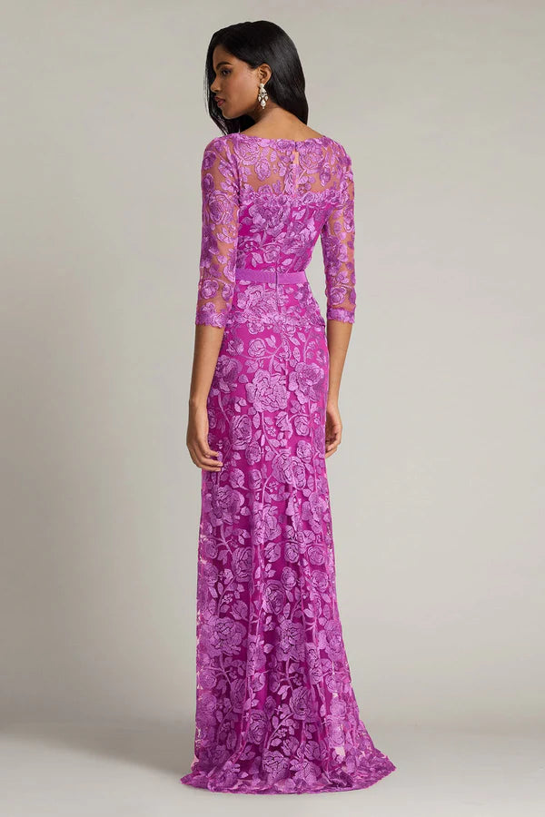 Fuchsia Three Quarter Sleeve Floral Lace Mermaid Floor Length Formal Evening Prom Dress
