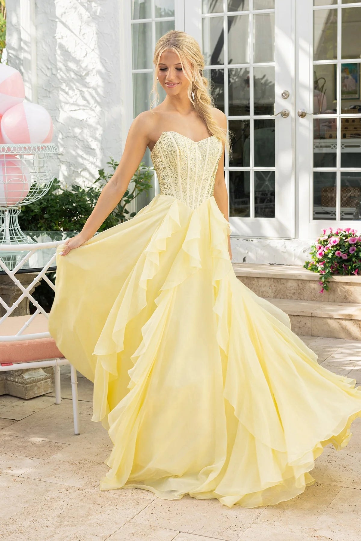 Fuchsia Yellow Glitter Corset Strapless A Line Ruffle Chiffon Back Zipper Floor Length Formal Evening Prom Dress