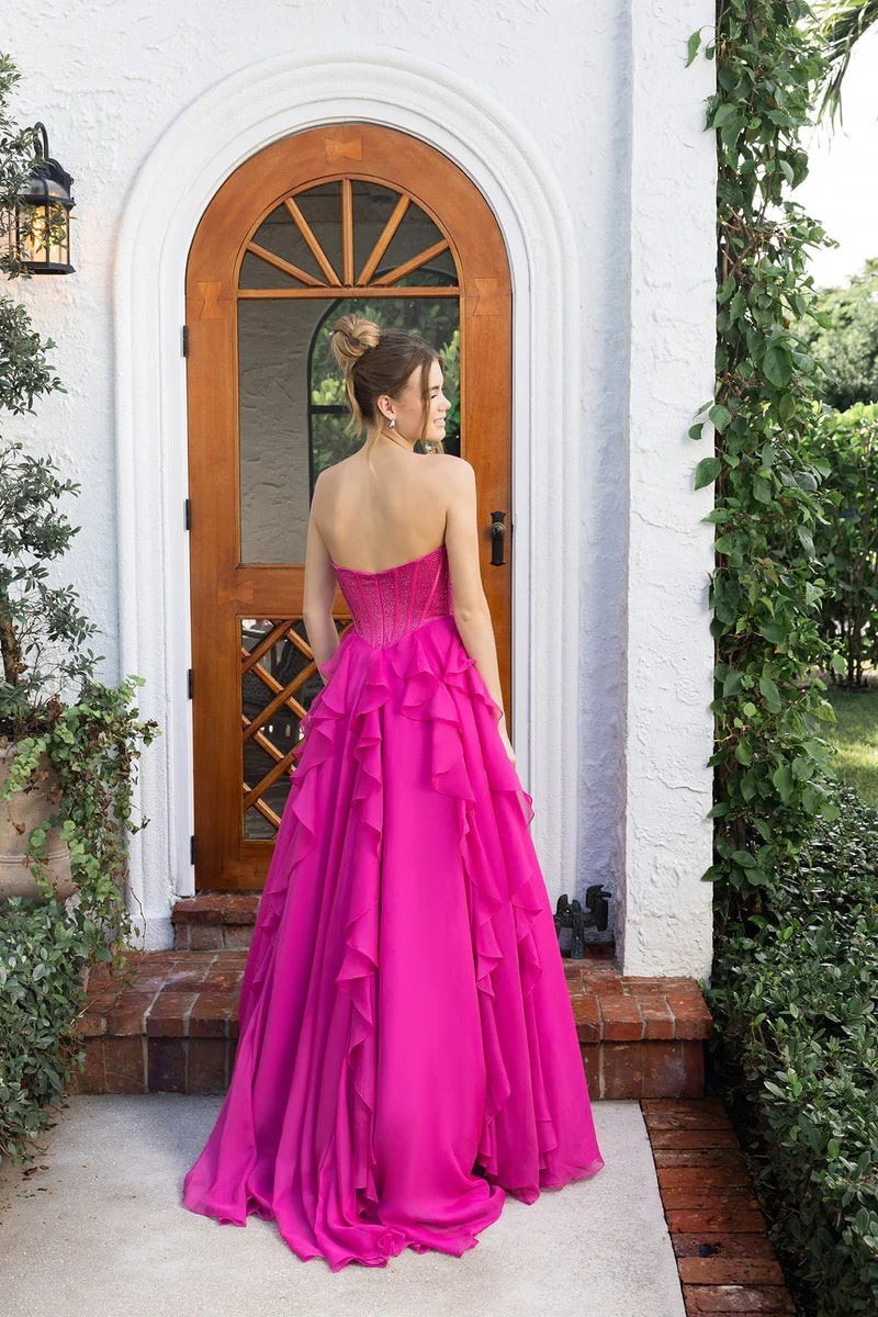 Fuchsia Yellow Glitter Corset Strapless A Line Ruffle Chiffon Back Zipper Floor Length Formal Evening Prom Dress