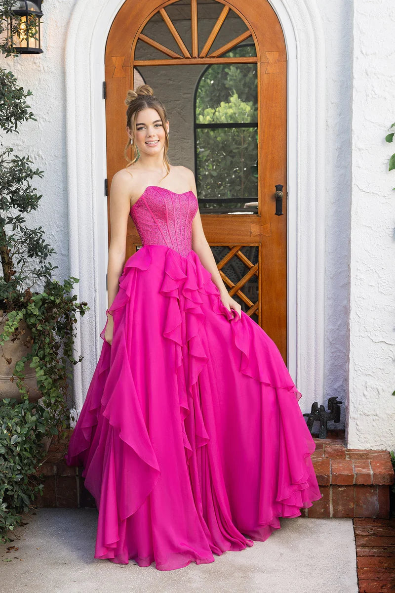 Fuchsia Yellow Glitter Corset Strapless A Line Ruffle Chiffon Back Zipper Floor Length Formal Evening Prom Dress
