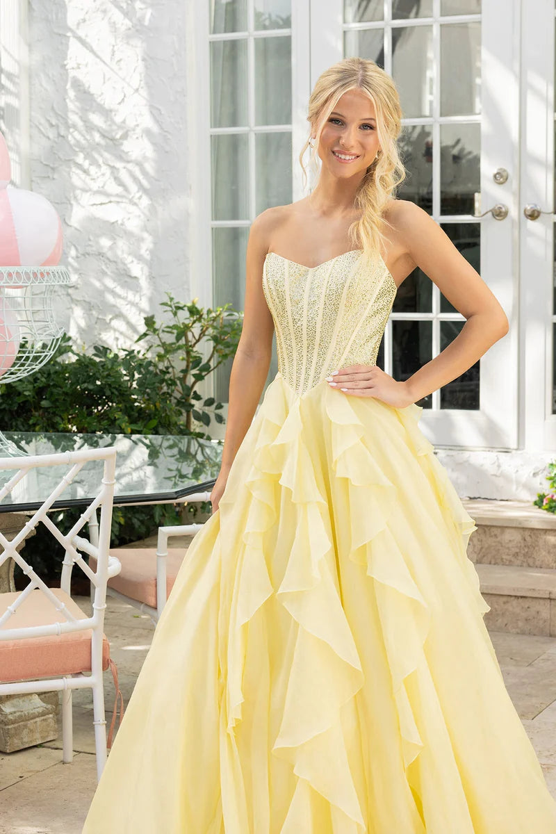 Fuchsia Yellow Glitter Corset Strapless A Line Ruffle Chiffon Back Zipper Floor Length Formal Evening Prom Dress