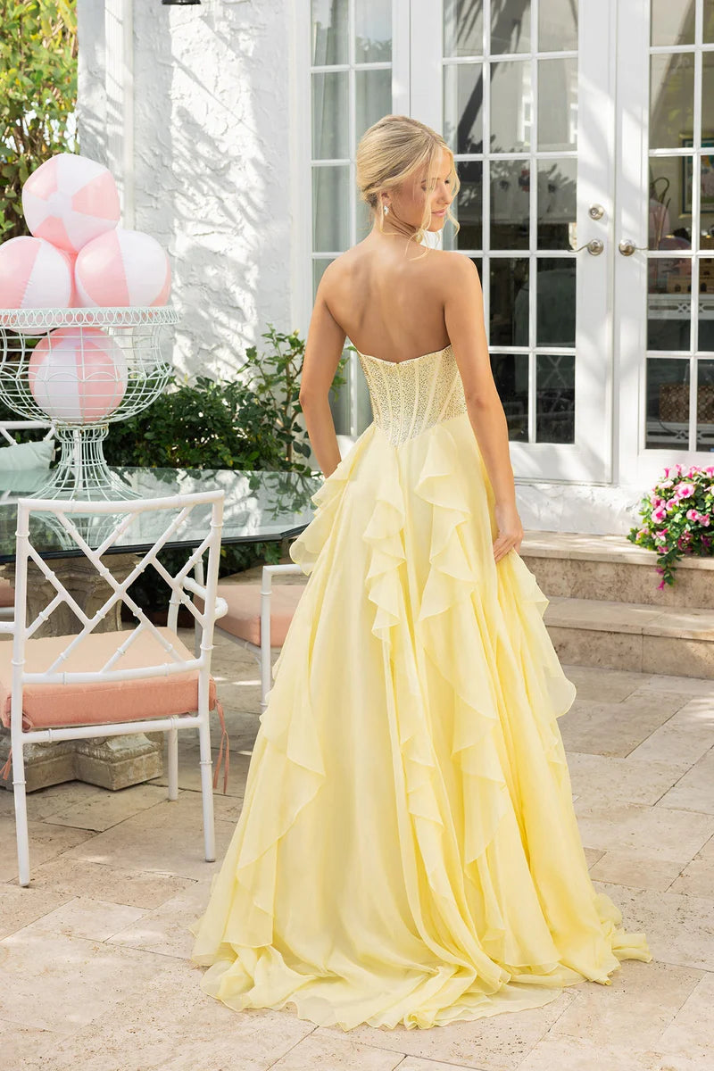 Fuchsia Yellow Glitter Corset Strapless A Line Ruffle Chiffon Back Zipper Floor Length Formal Evening Prom Dress