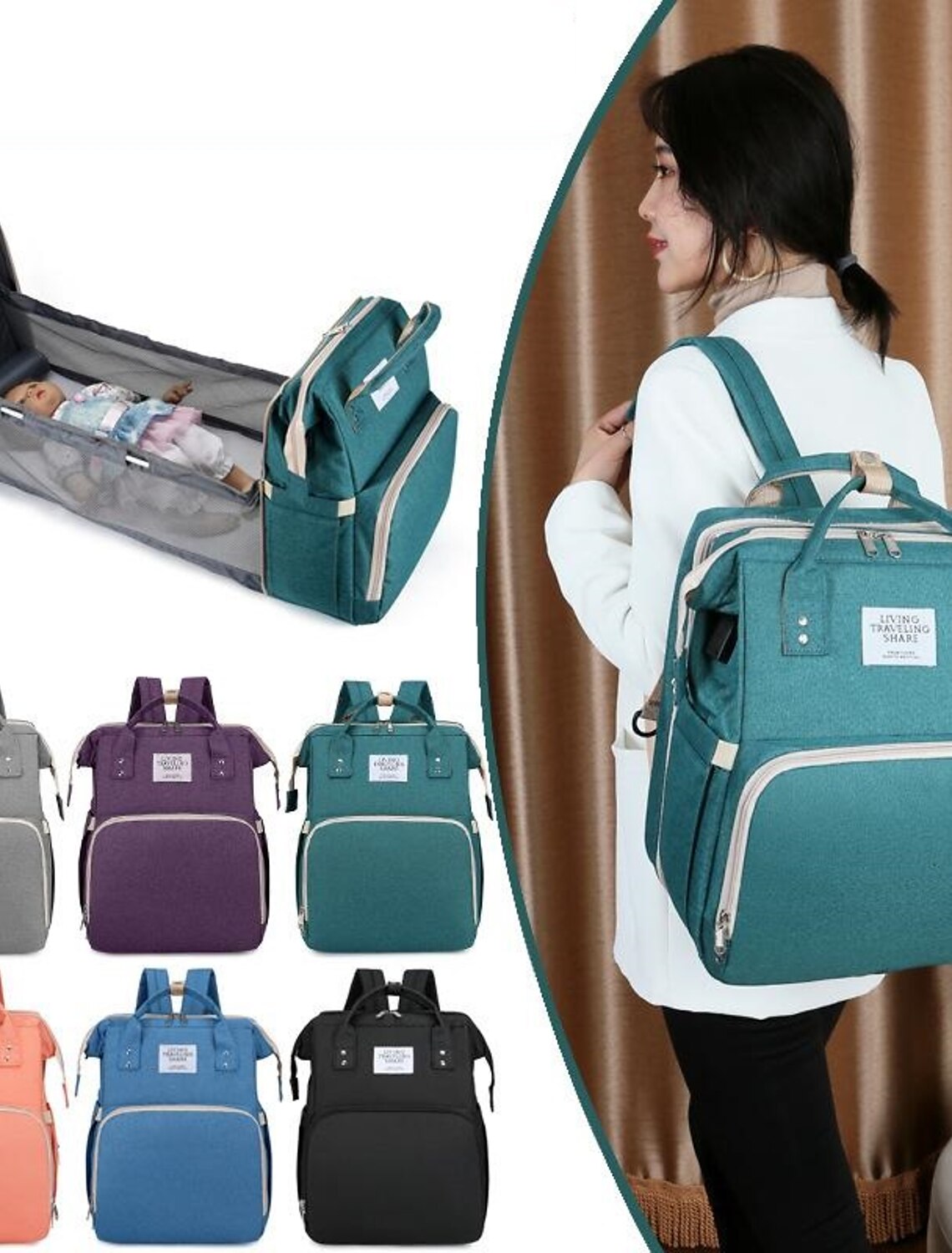Black unisex diaper bag backpack, front view.
