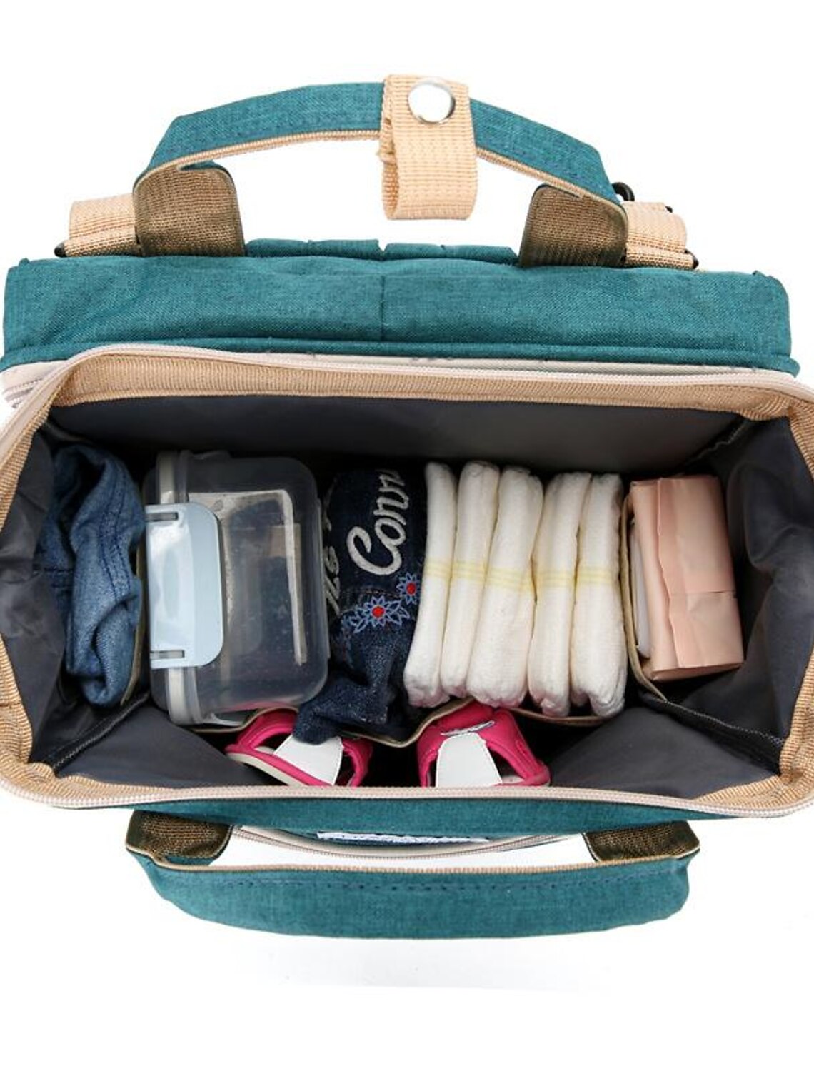 Pink unisex diaper bag backpack, front view.