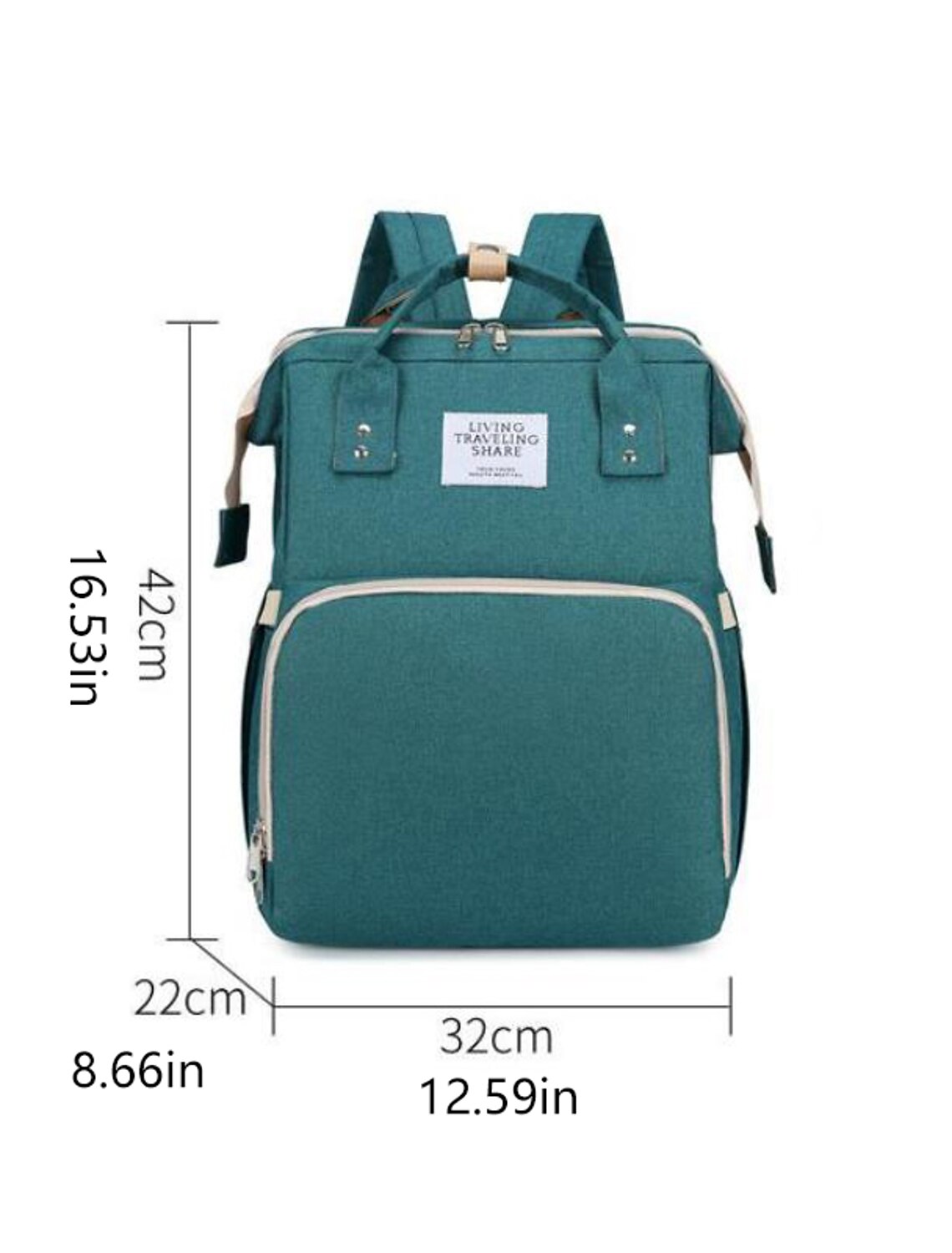 Blue unisex diaper bag backpack, front view.