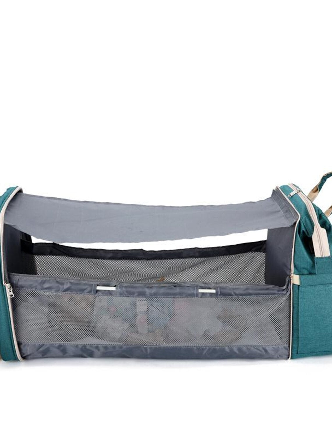 Open black diaper bag backpack, showing organized interior.