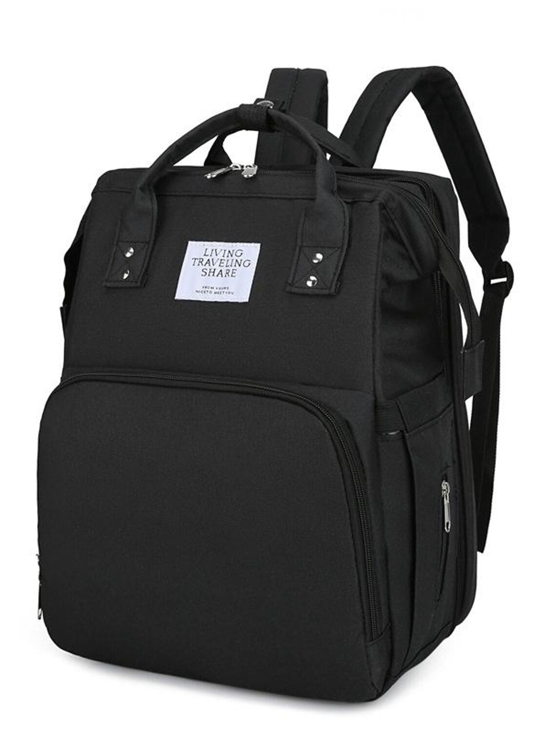 Close-up of black nylon diaper bag backpack fabric and zipper.
