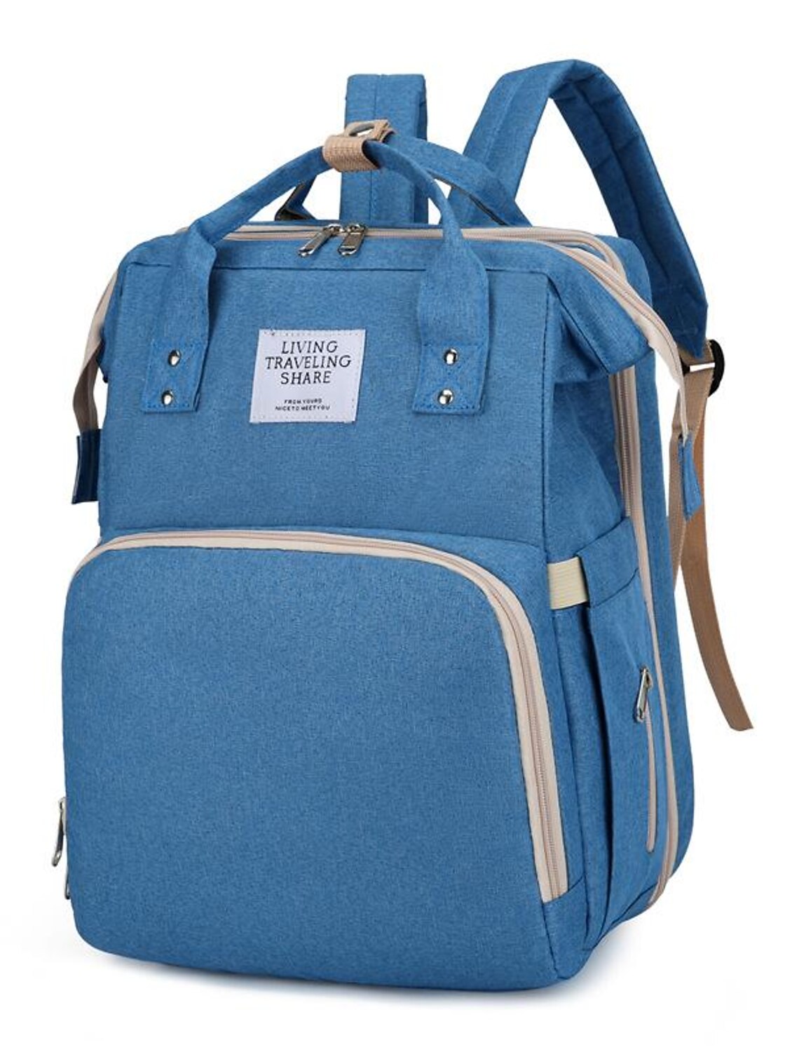 Black diaper bag backpack, back view with adjustable straps.