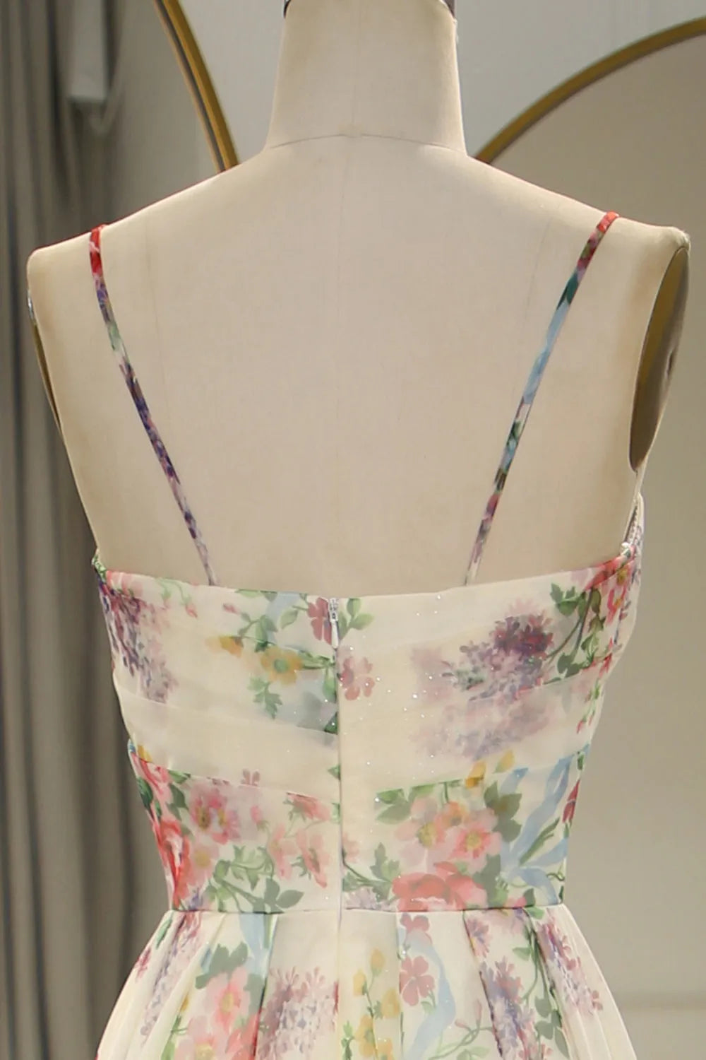 A-Line Print Flower Spaghetti Straps Back Long Prom Dress With Split