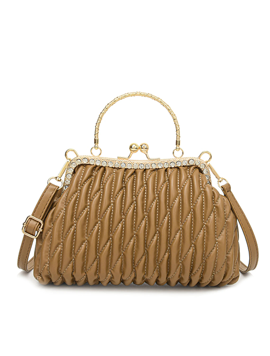 Woman holding a geometric PU leather evening bag.