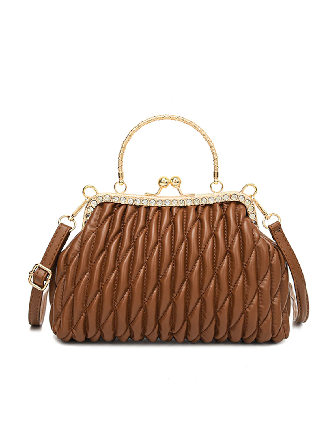 Close-up of the geometric pattern on the PU leather evening bag.