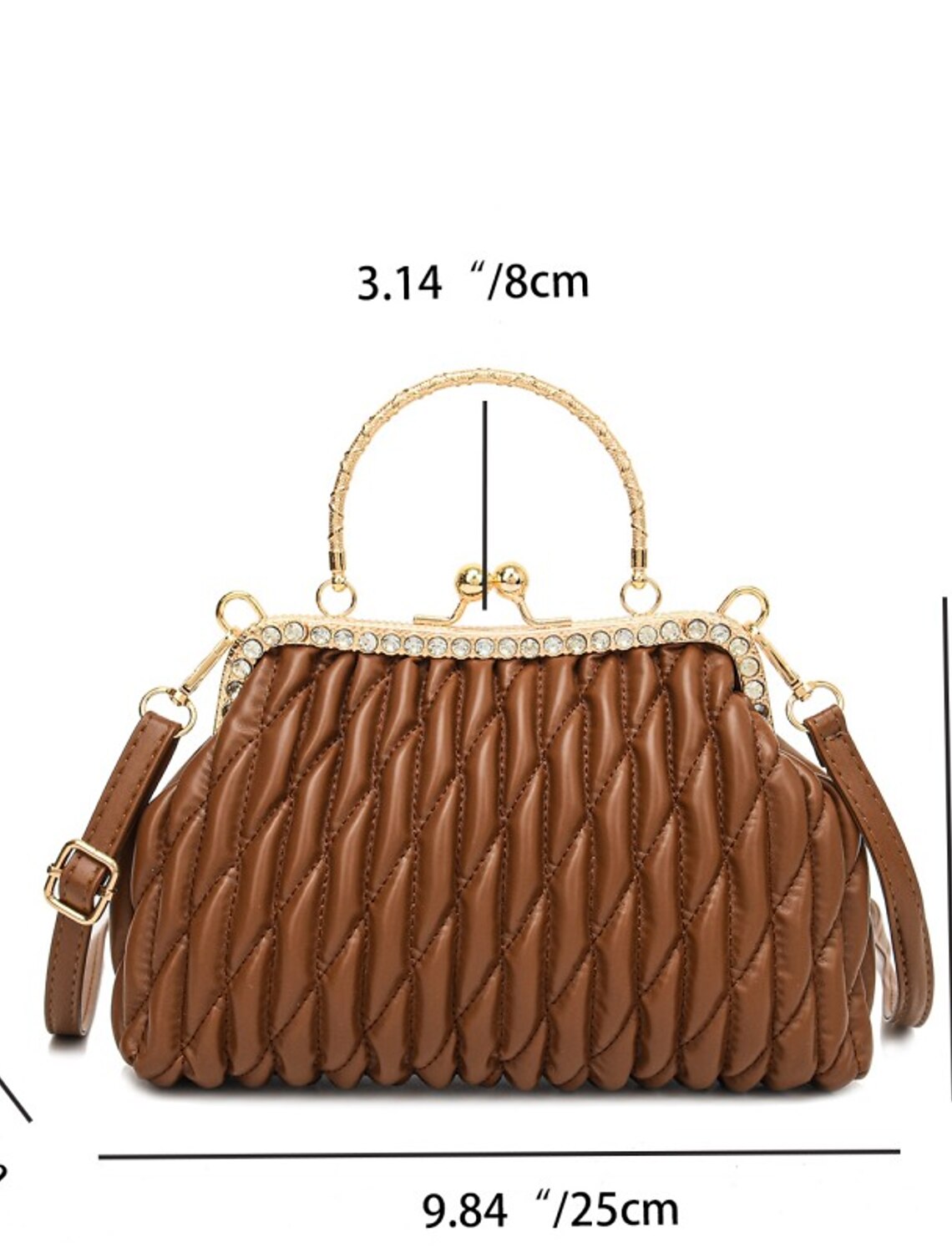 Side view of the large capacity geometric evening bag.