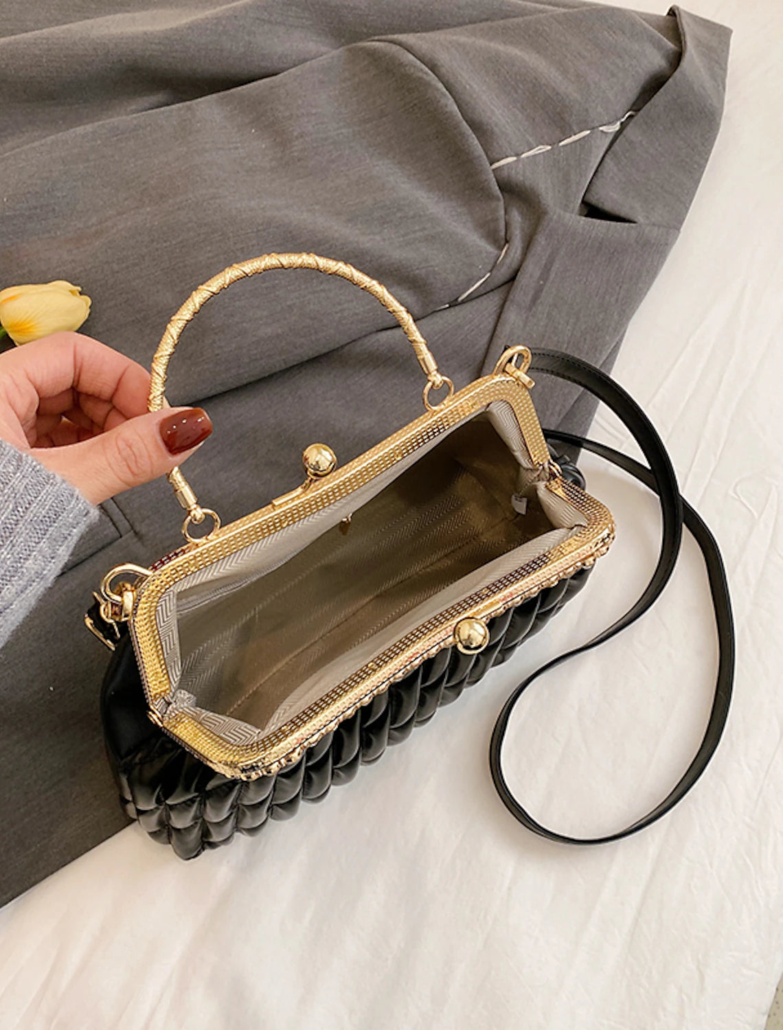 Back view of the geometric PU leather evening bag.