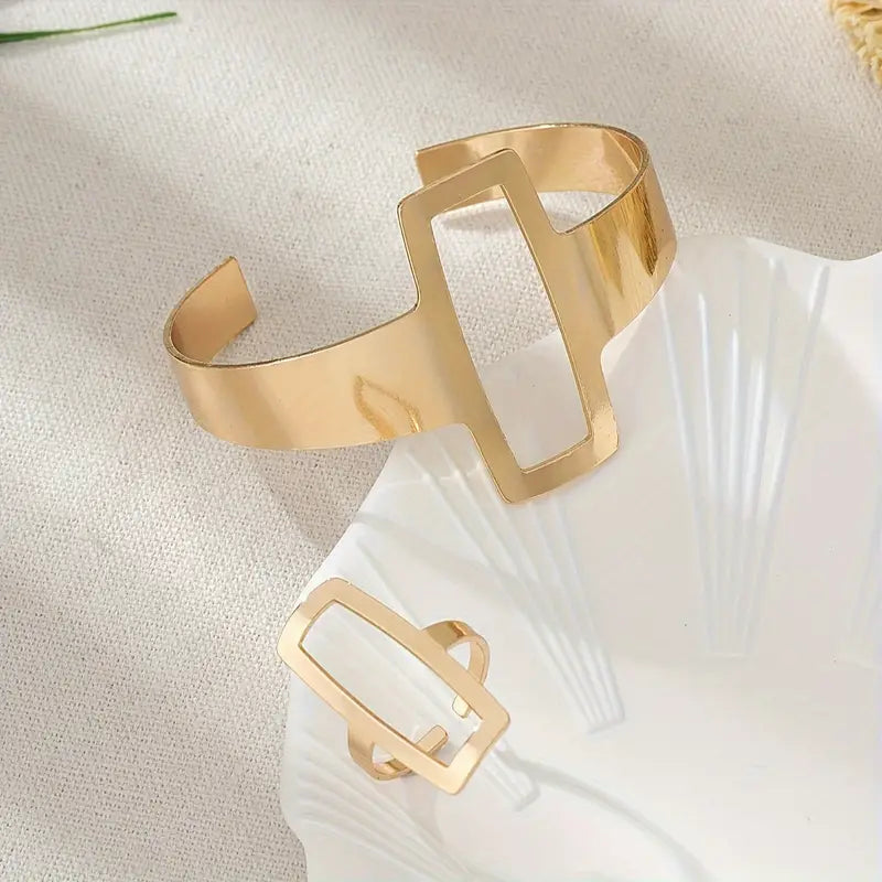 Geometric square jewelry set with hollowed ring and stackable bracelet.