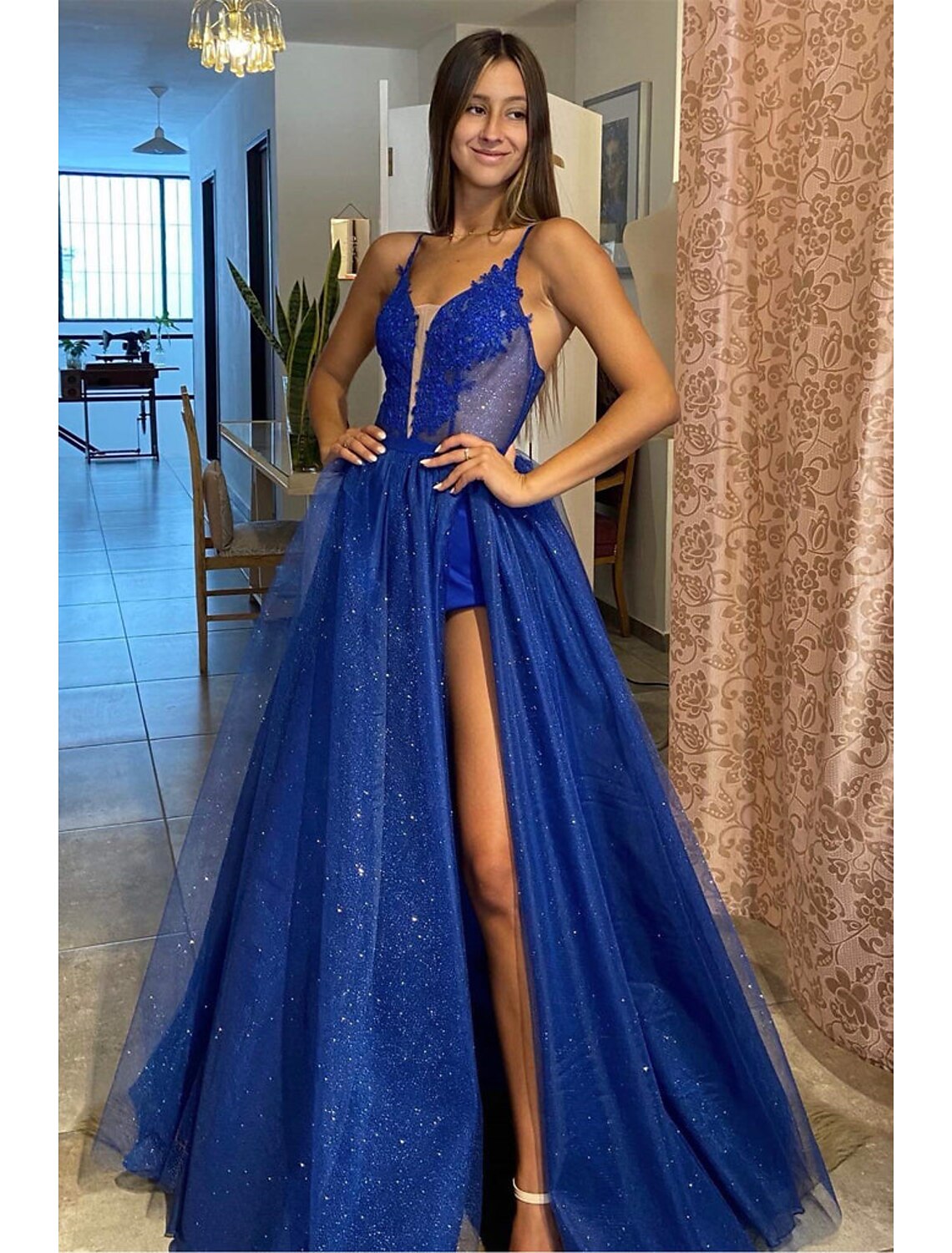 Elegant A-Line V-neck backless prom dress with detachable tulle and sweep train.