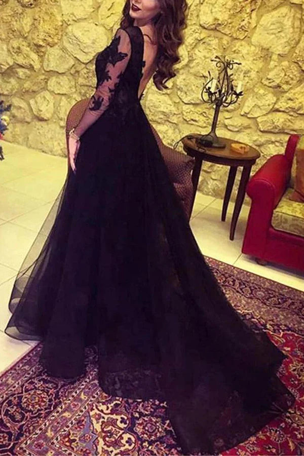 Full view of the elegant black lace long-sleeve evening dress featuring a V-neck and thigh-high slit.
