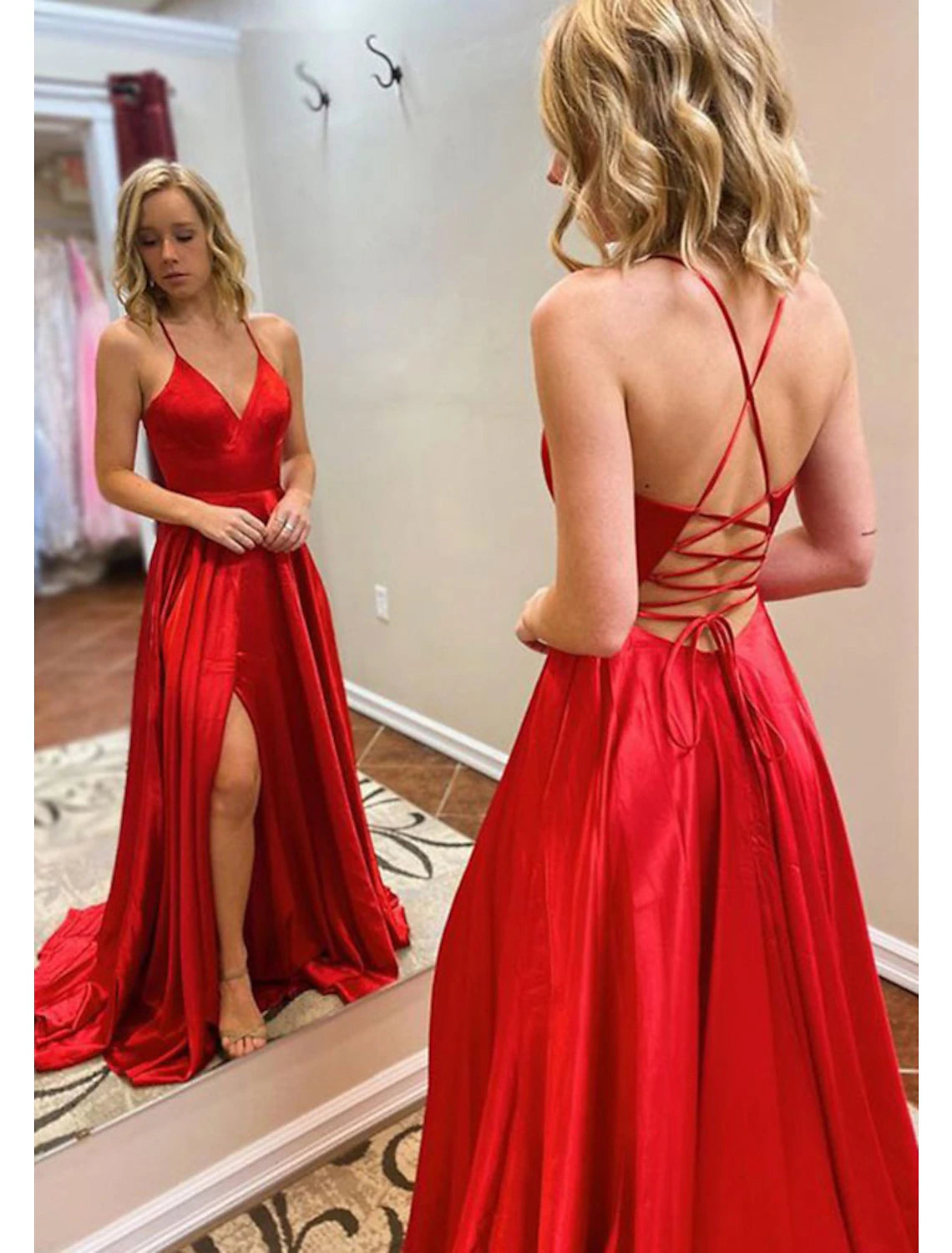 Elegant A-line V-neck formal gown with an open back and leg slit.