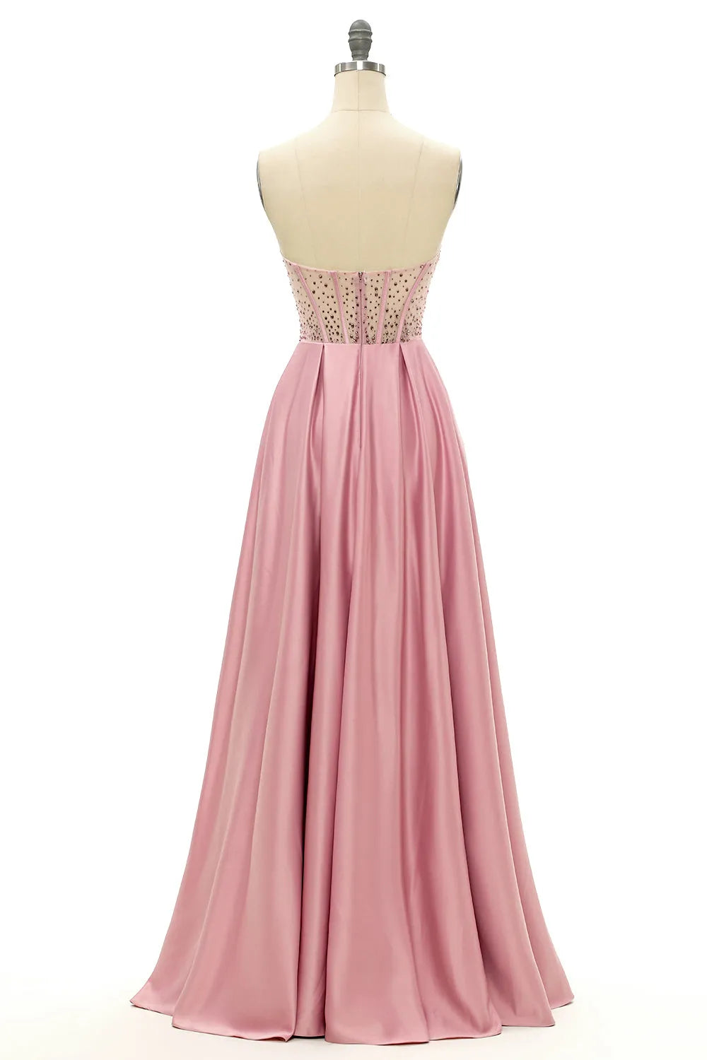 Model wearing the A-line sweetheart beaded prom dress, showing bodice details.