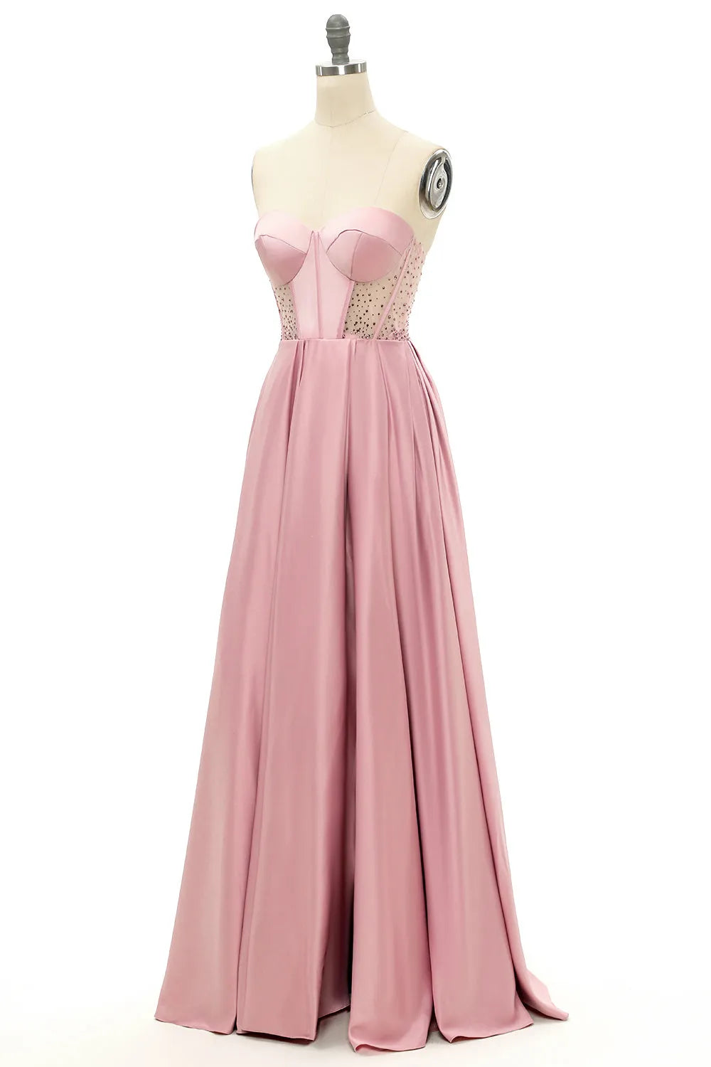 Model wearing the A-line sweetheart beaded prom dress, side view.
