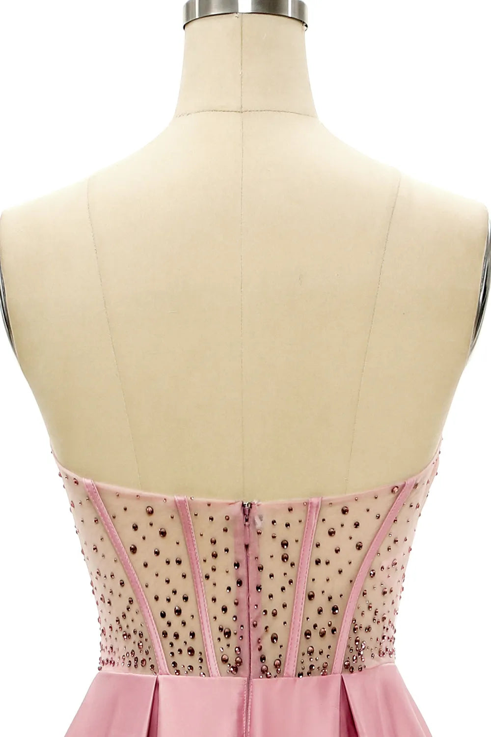 Close-up of the beaded sweetheart bodice of the prom dress.