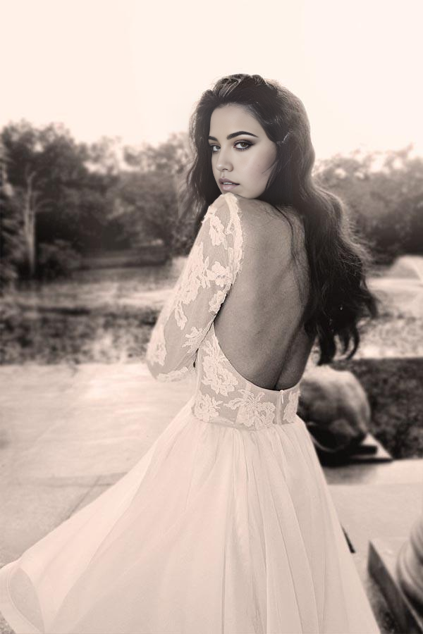 Back view of the A-line V-neck long sleeve lace organza wedding dress with train.