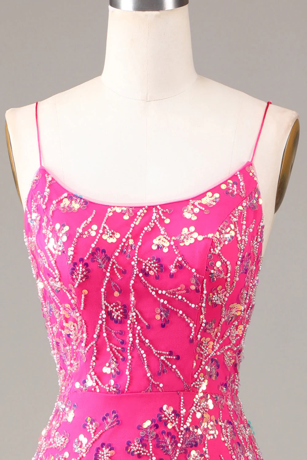 Fuchsia mermaid prom dress, full length view.