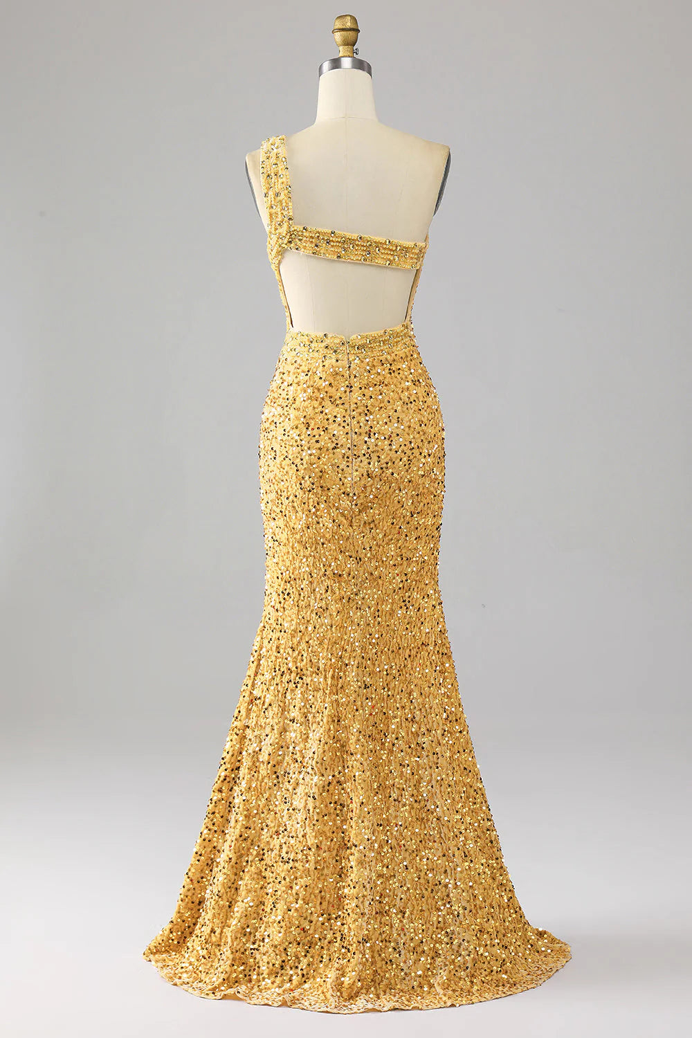 Back view of a golden mermaid sequin one-shoulder prom dress, showcasing the shimmering fabric.