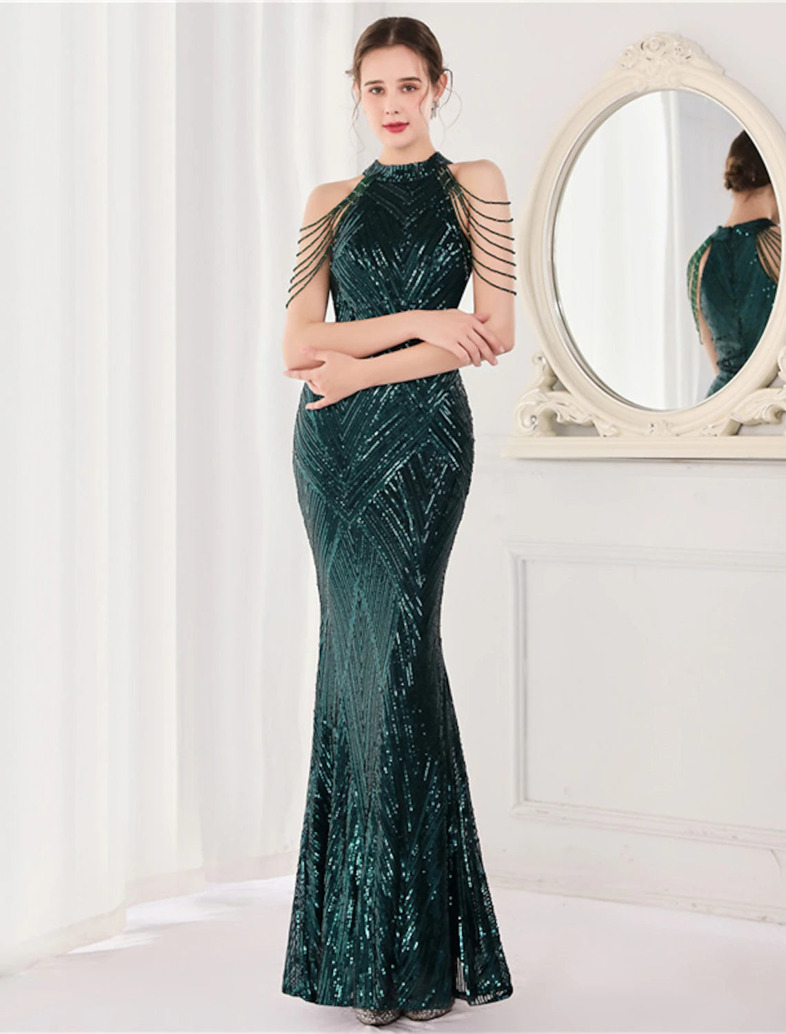 Close-up of the sequin detail on a mermaid trumpet prom dress.