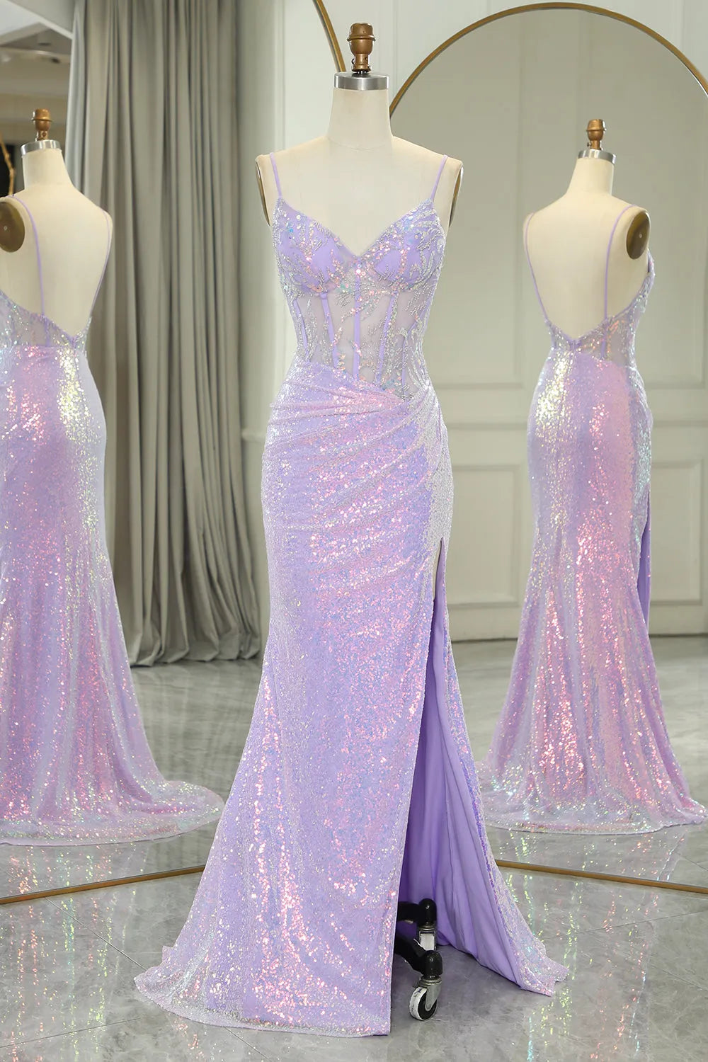 Light purple mermaid prom dress with corset and high slit.
