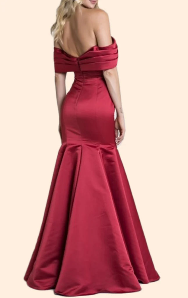 Full view of the mermaid off-shoulder formal gown.
