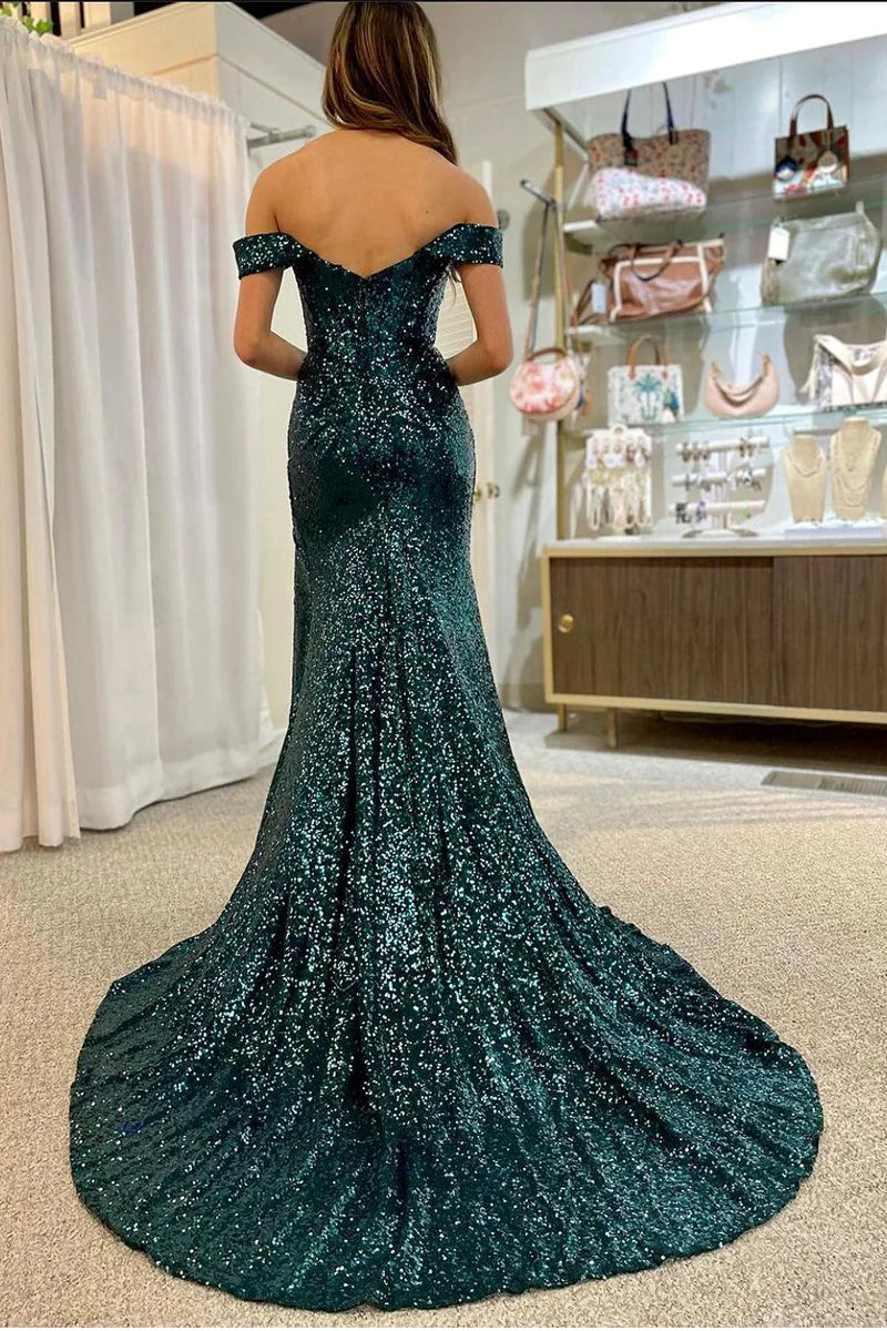 Back view of a dark green sequin mermaid off-shoulder long prom dress.