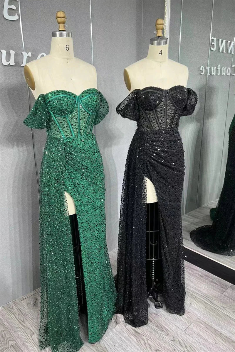 Woman in a shimmering blue mermaid off-shoulder sequin long prom dress.
