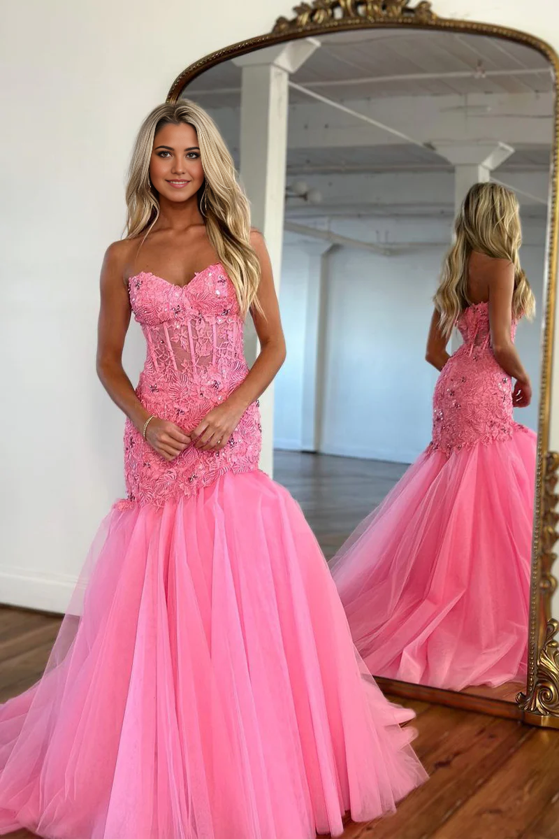 Glamorous mermaid strapless pink tulle prom dress with elegant appliques.