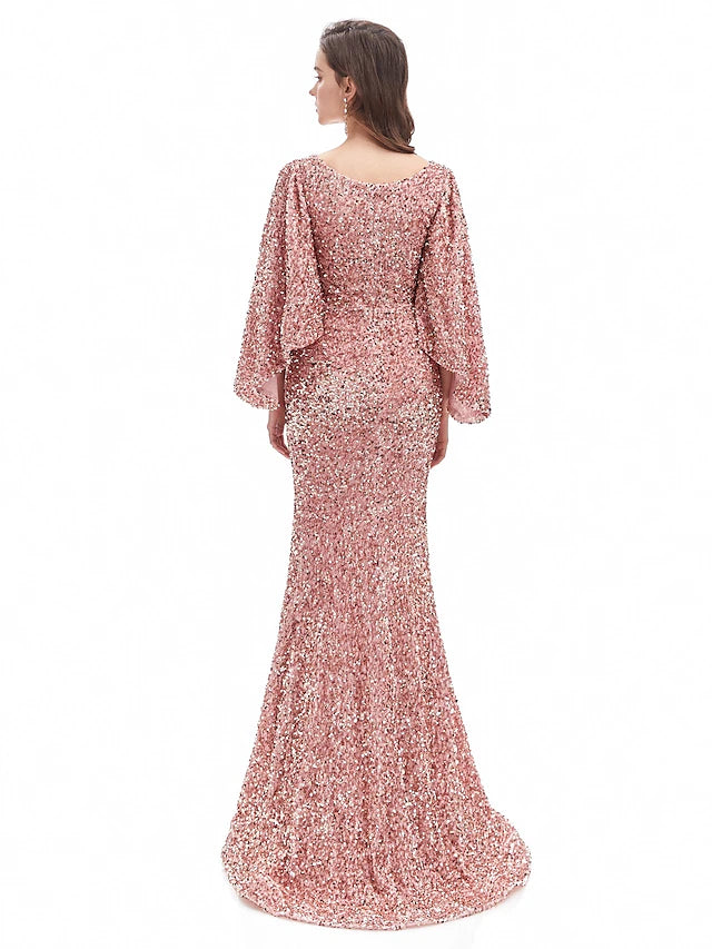 Back view of the sequined mermaid trumpet dress showing the court train.